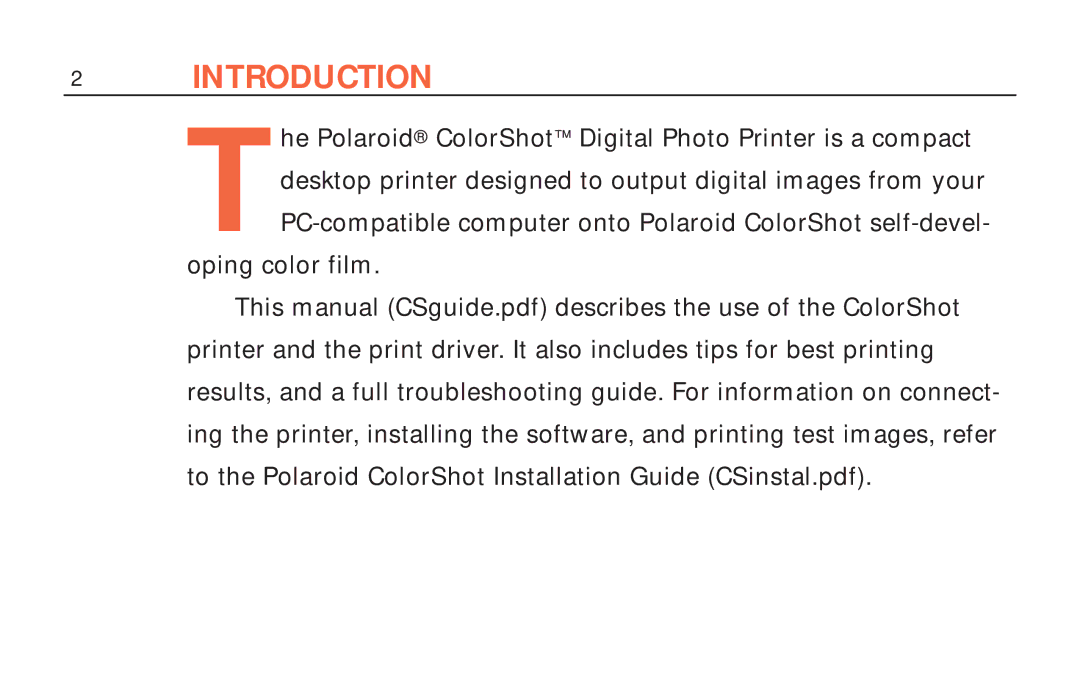 Polaroid ColorShot Printer manual Introduction 