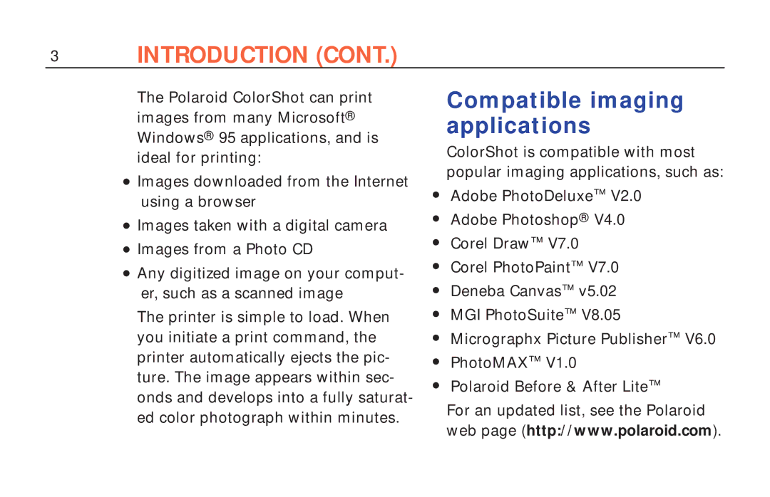 Polaroid ColorShot Printer manual Compatible imaging applications 