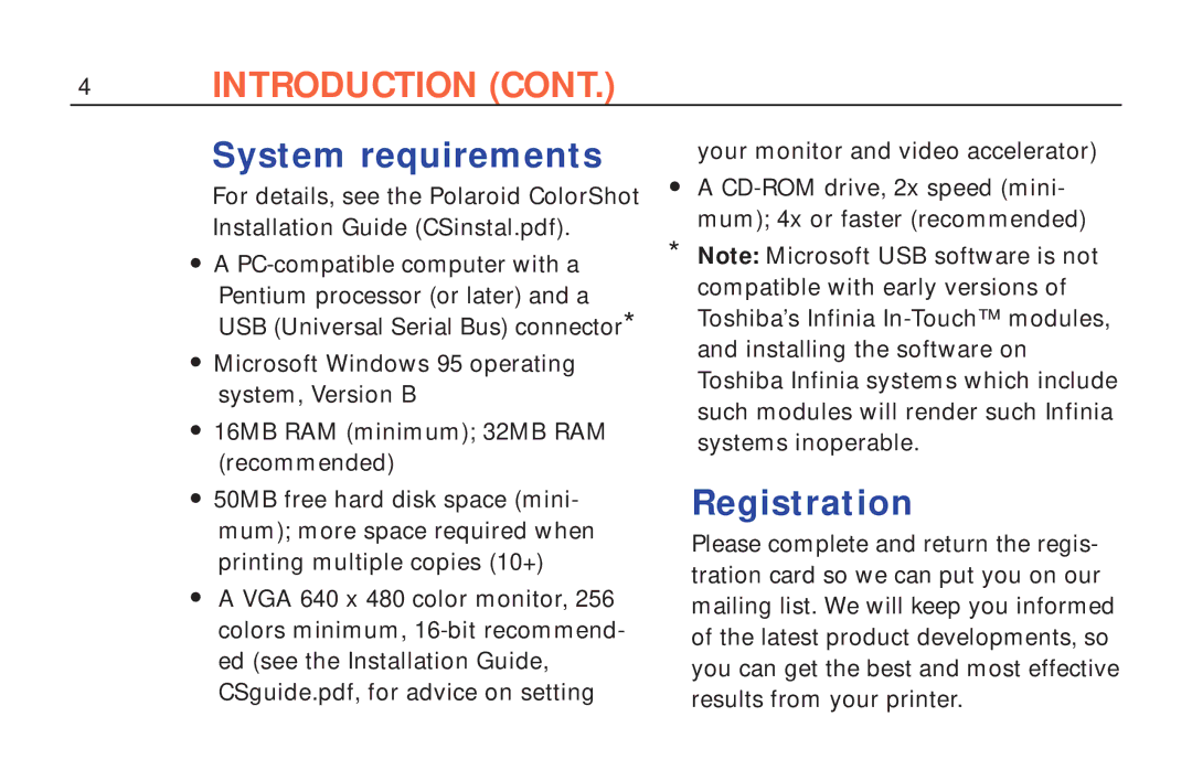 Polaroid ColorShot Printer manual System requirements, Registration 