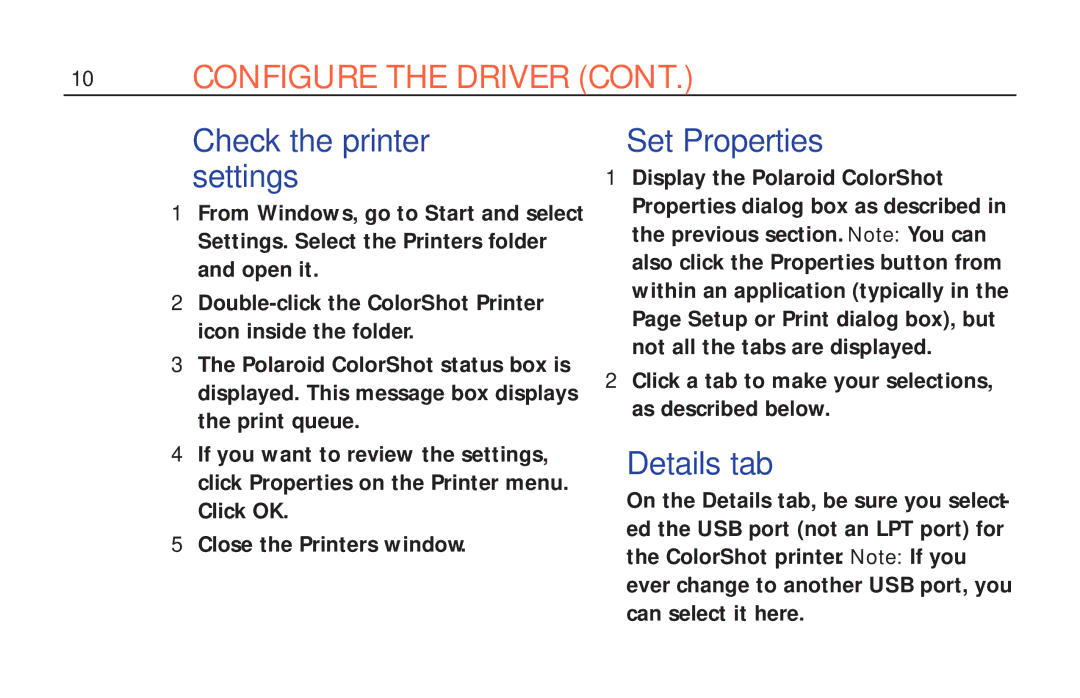 Polaroid ColorShot Printer manual Set Properties, Details tab 