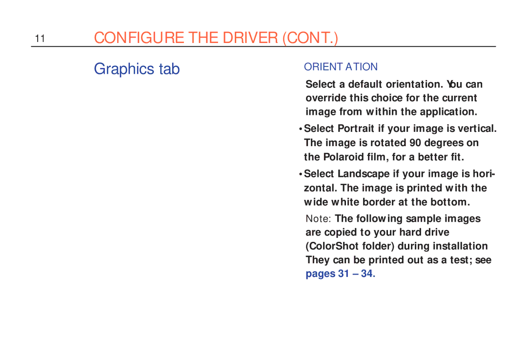 Polaroid ColorShot Printer manual Graphics tab, Orientation 