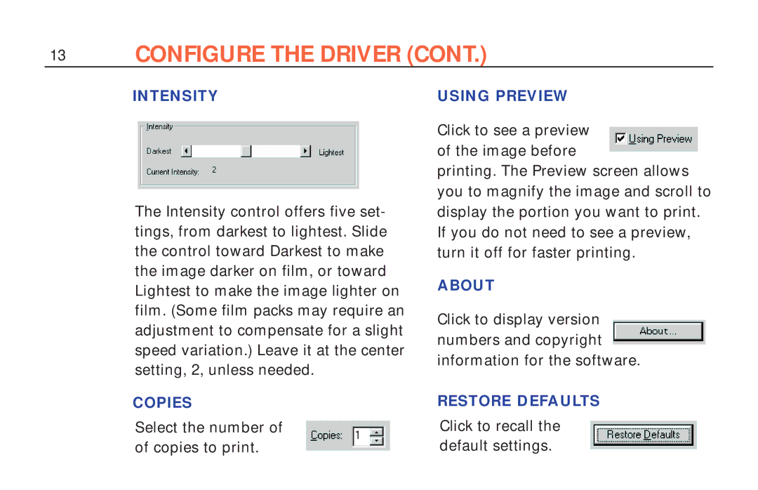 Polaroid ColorShot Printer manual Intensity, Copies, Using Preview, About, Restore Defaults 