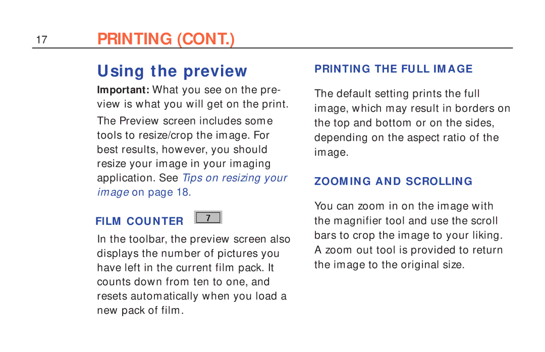 Polaroid ColorShot Printer manual Using the preview, Film Counter, Printing the Full Image, Zooming and Scrolling 