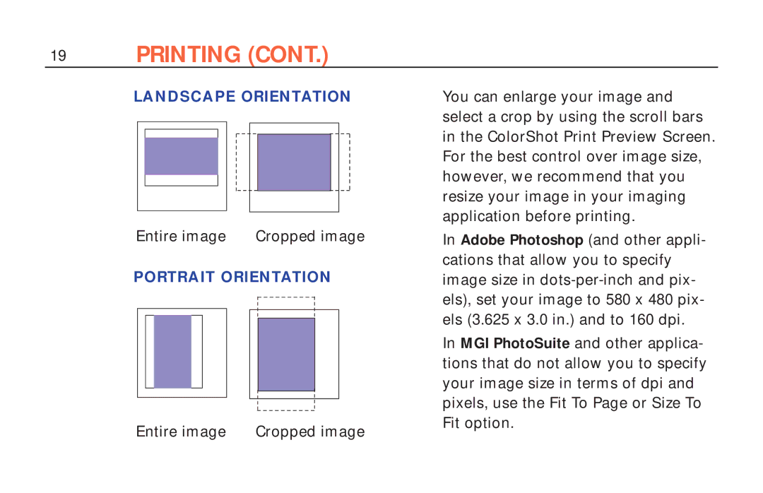 Polaroid ColorShot Printer manual Landscape Orientation, Portrait Orientation 