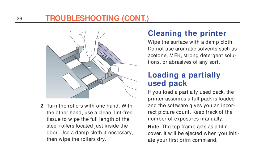 Polaroid ColorShot Printer manual Cleaning the printer, Loading a partially used pack 