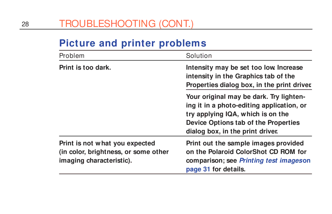 Polaroid ColorShot Printer manual Picture and printer problems, Problem Solution 