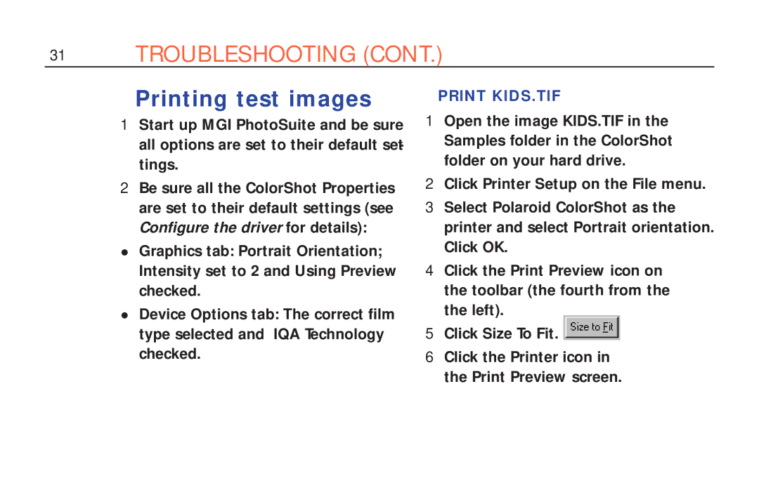 Polaroid ColorShot Printer manual Printing test images, Print KIDS.TIF 