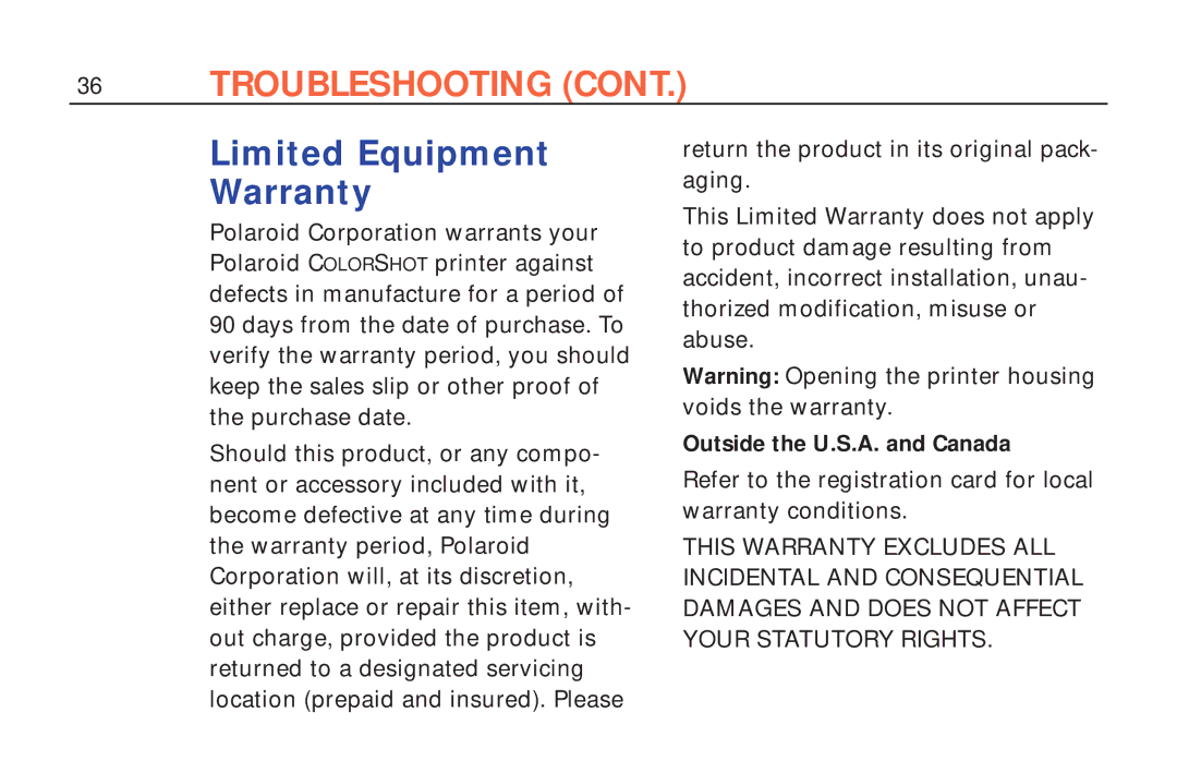 Polaroid ColorShot Printer manual Limited Equipment Warranty 