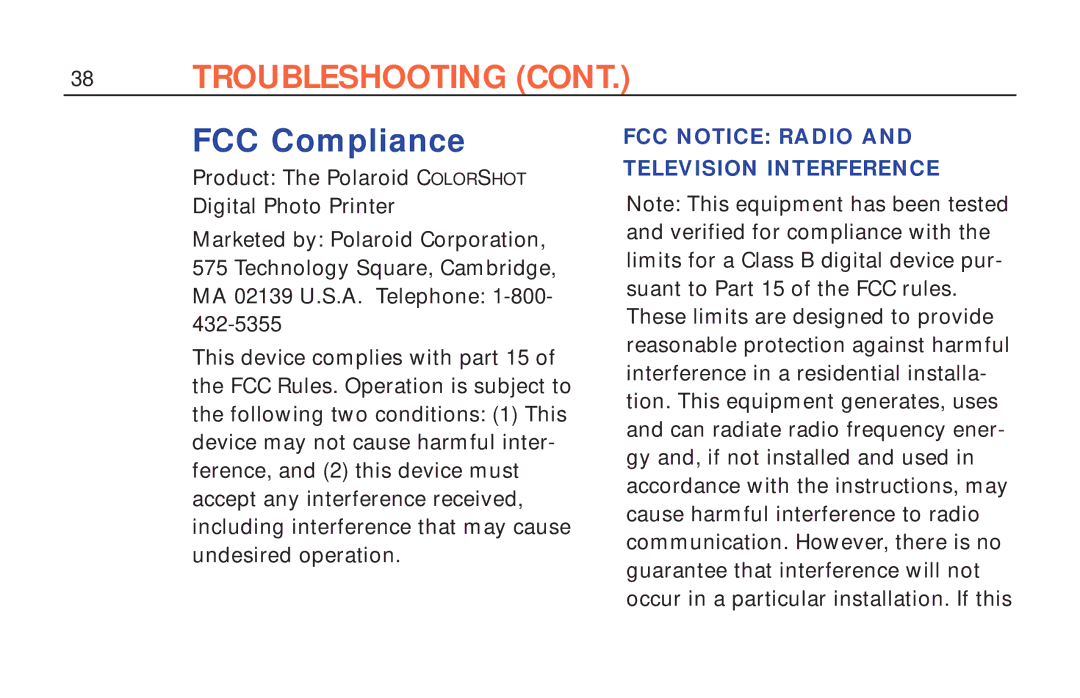 Polaroid ColorShot Printer manual FCC Compliance, FCC Notice Radio Television Interference 