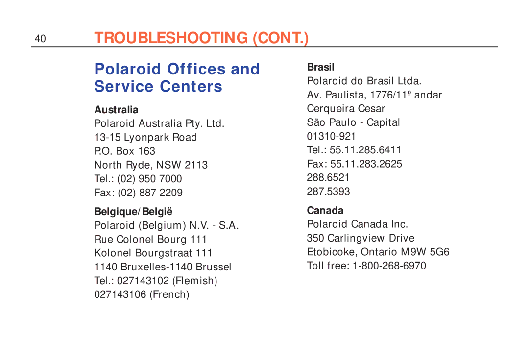 Polaroid ColorShot Printer manual Polaroid Offices and Service Centers 