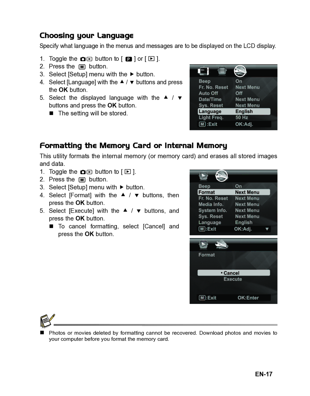 Polaroid CZA-05300B manual Choosing your Language, Formatting the Memory Card or Internal Memory, EN-17 