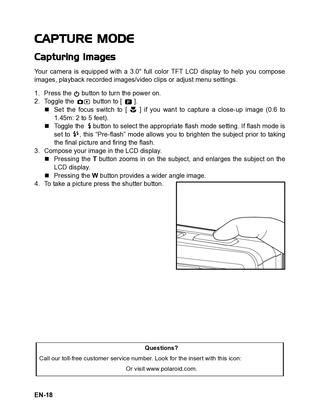 Polaroid CZA-05300B manual Capture Mode, Capturing Images, EN-18 