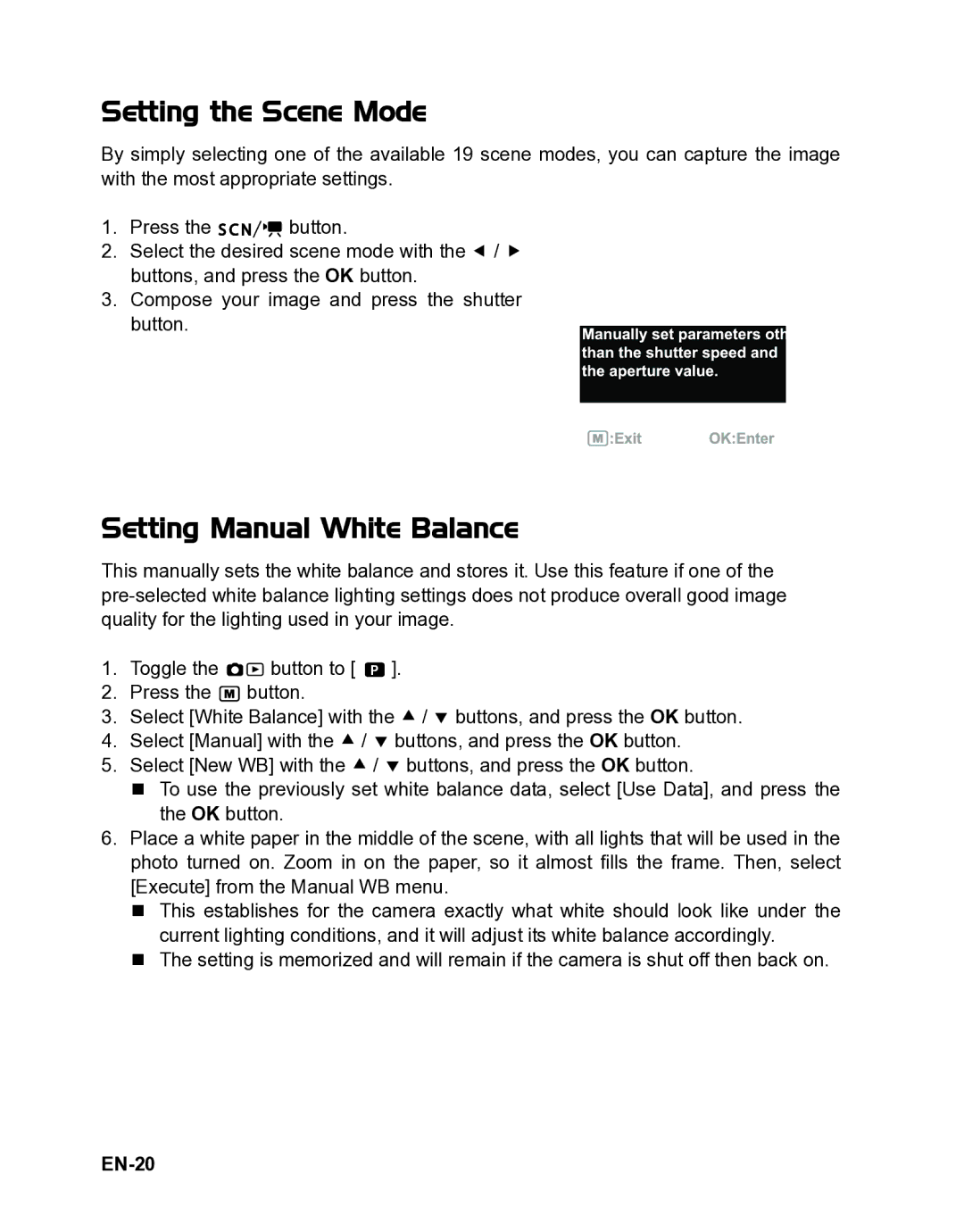 Polaroid CZA-05300B manual Setting the Scene Mode, Setting Manual White Balance, EN-20 