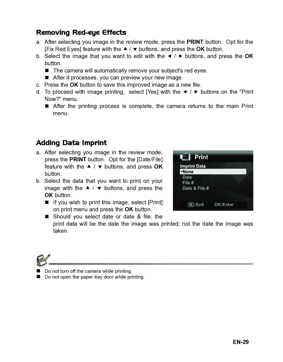 Polaroid CZA-05300B manual Removing Red-eye Effects, Adding Data Imprint, EN-29 