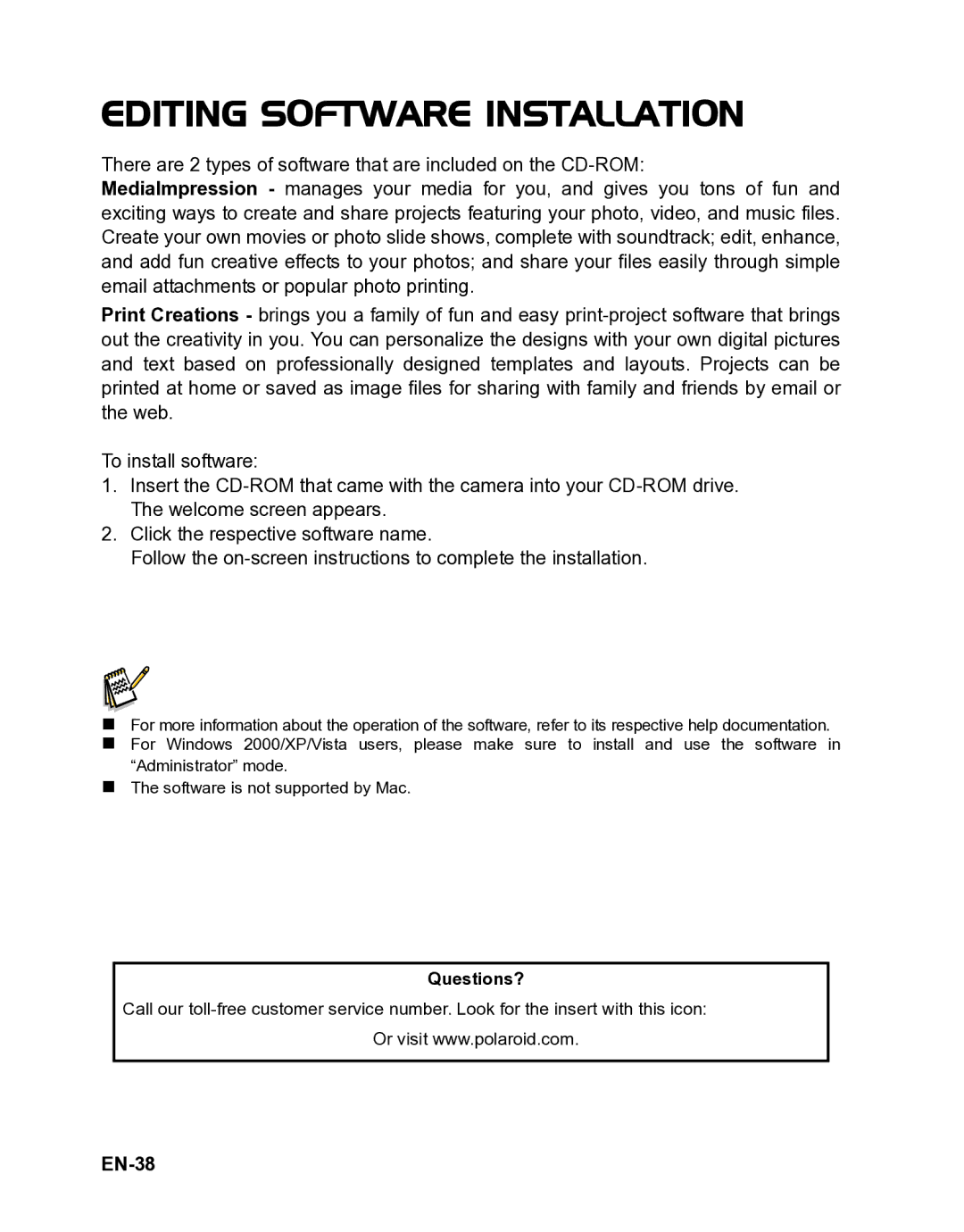 Polaroid CZA-05300B manual Editing Software Installation, EN-38 