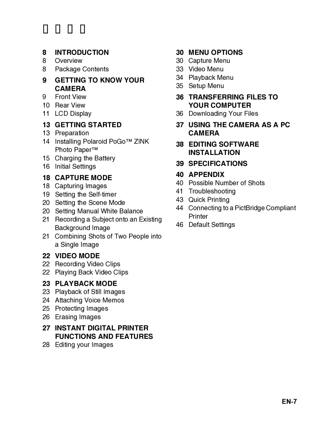 Polaroid CZA-05300B manual Contents 