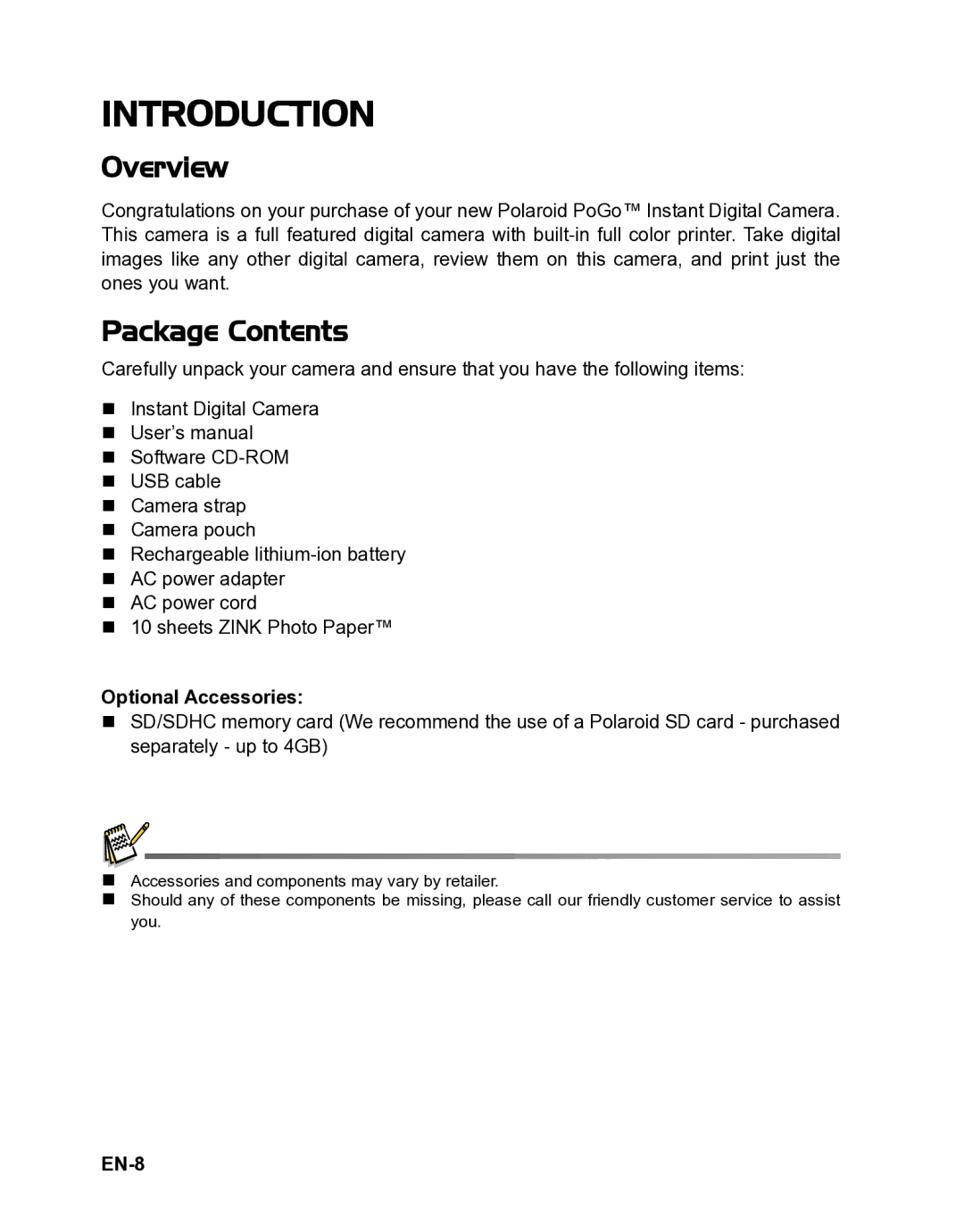 Polaroid CZA-05300B manual Introduction, Overview, Package Contents 