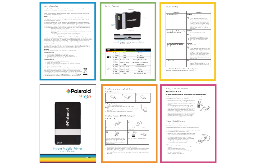 Polaroid CZA-10011 instruction manual Safety Information, Troubleshooting, Installing and Charging the Battery, Passcode 