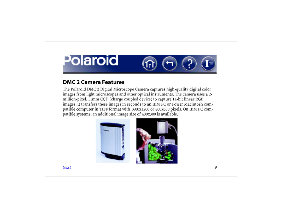 Polaroid DCM 2 Online manual DMC 2 Camera Features 