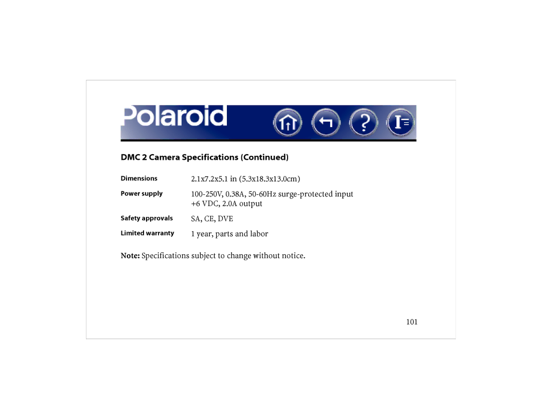 Polaroid DCM 2 Online manual DMC 2 Camera Specifications 