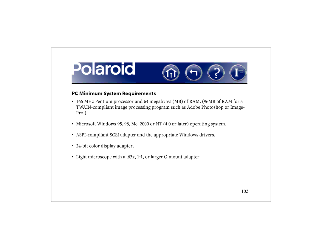 Polaroid DCM 2 Online manual PC Minimum System Requirements 