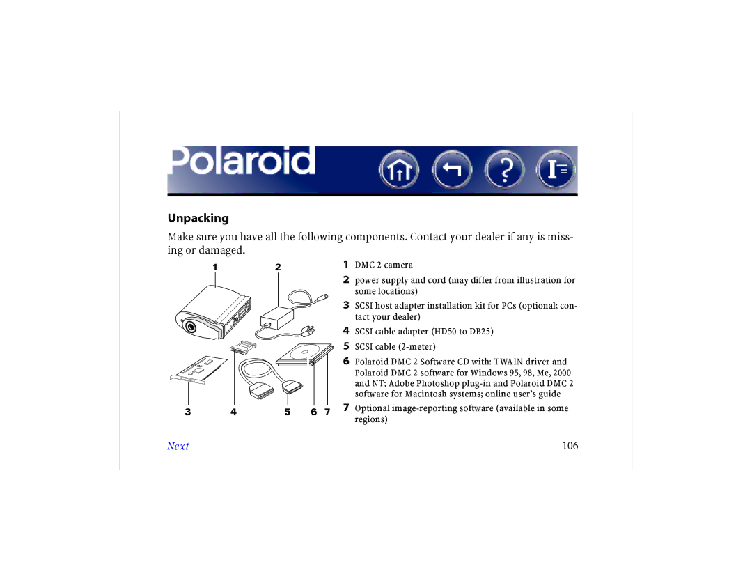 Polaroid DCM 2 Online manual Unpacking, Next 106 