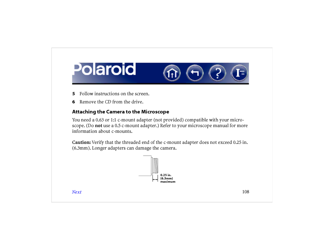 Polaroid DCM 2 Online manual Attaching the Camera to the Microscope, Next 108 