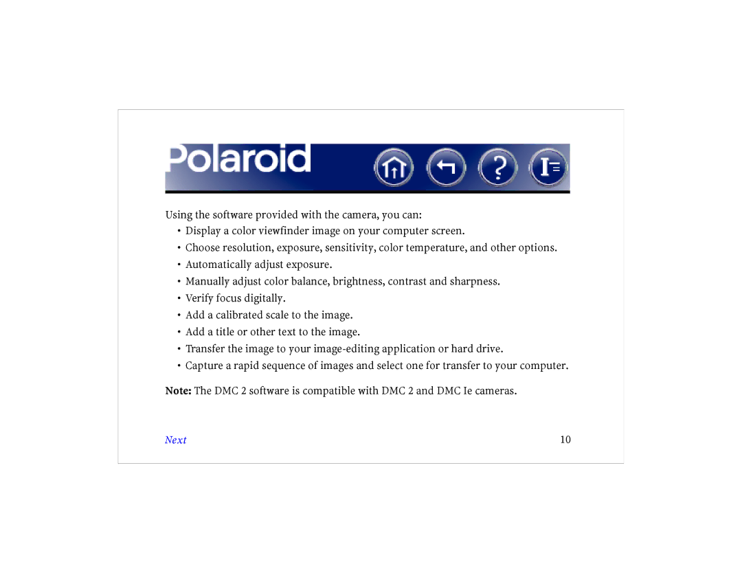 Polaroid DCM 2 Online manual Next 