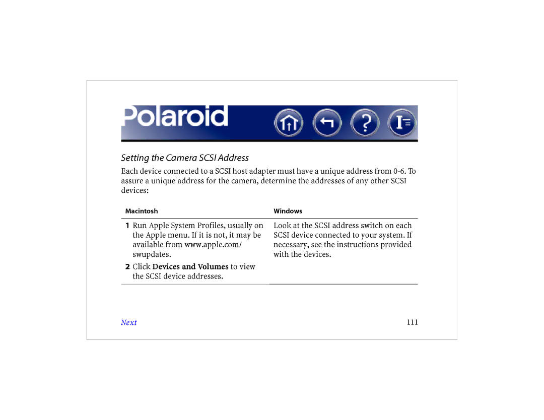 Polaroid DCM 2 Online manual Setting the Camera Scsi Address, Next 111 