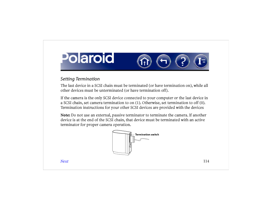 Polaroid DCM 2 Online manual Setting Termination, Next 114 