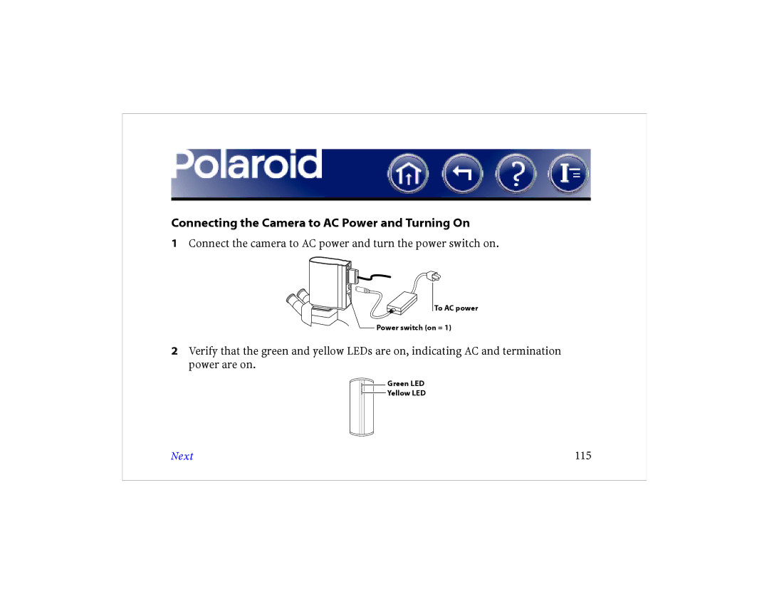 Polaroid DCM 2 Online manual Connecting the Camera to AC Power and Turning On, Next 115 