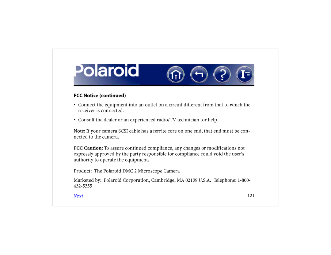 Polaroid DCM 2 Online manual FCC Notice, Next 121 