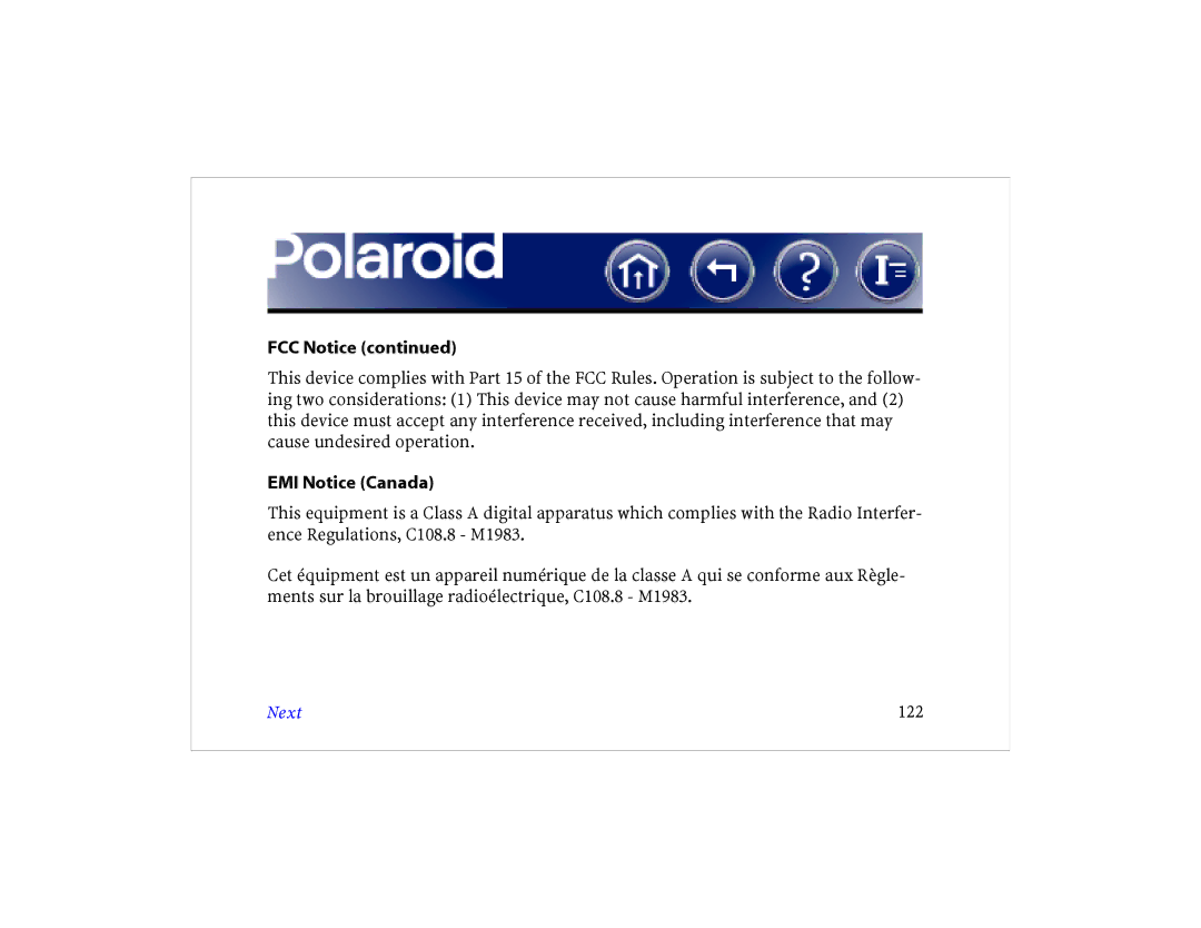 Polaroid DCM 2 Online manual EMI Notice Canada, Next 122 