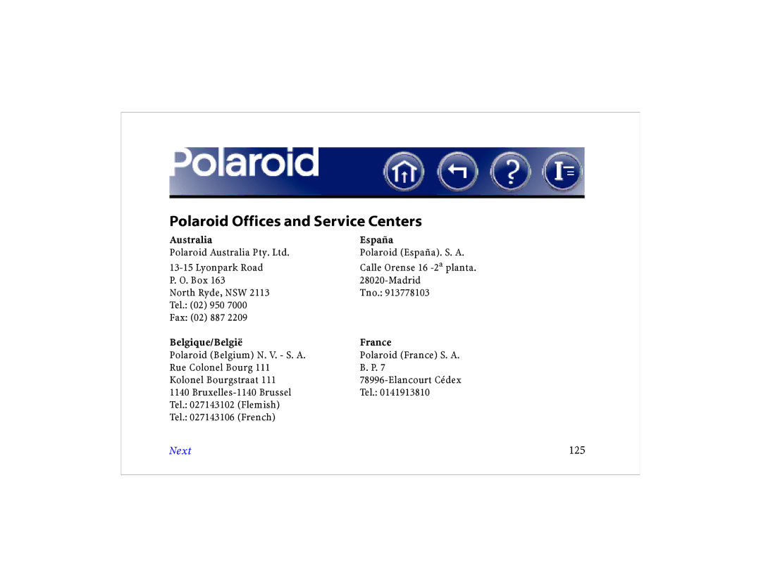 Polaroid DCM 2 Online manual Polaroid Offices and Service Centers, Next 125 