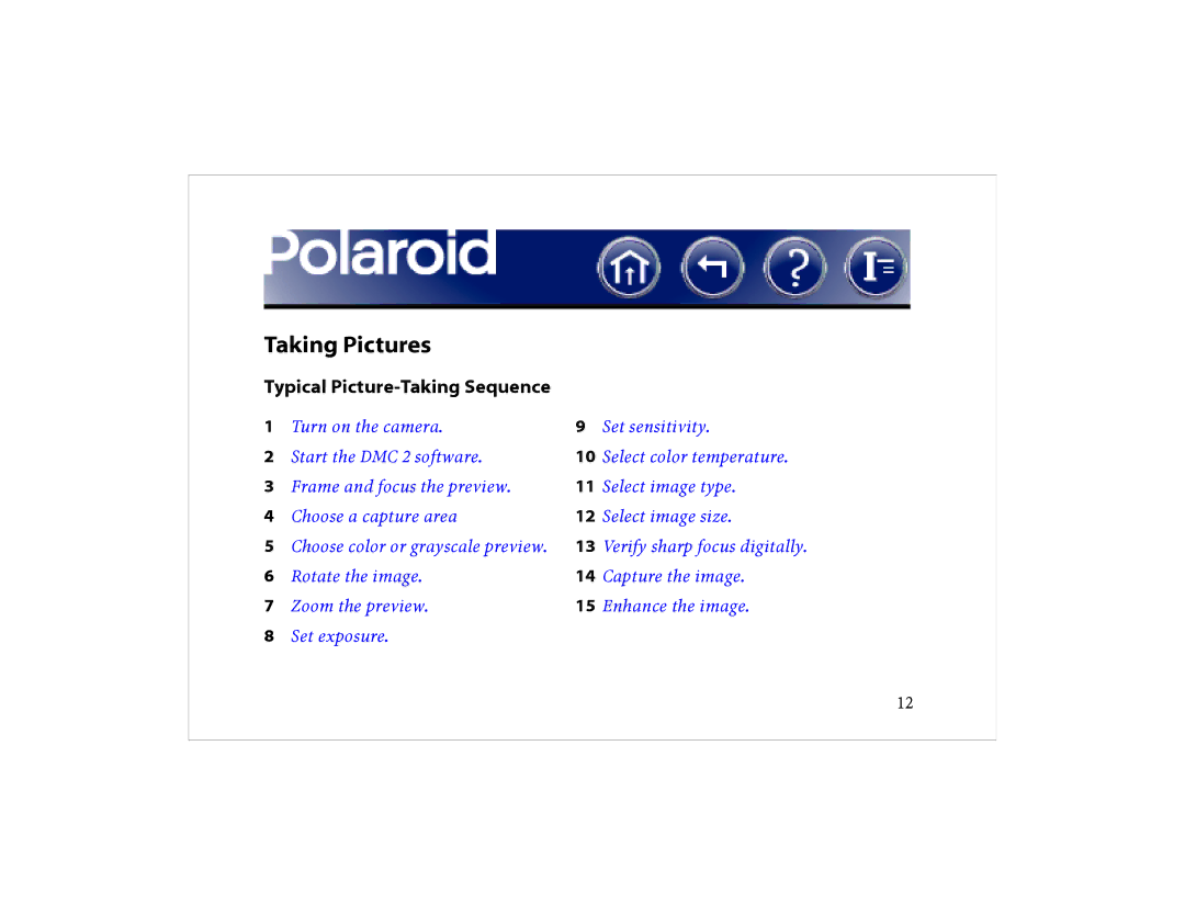 Polaroid DCM 2 Online manual Taking Pictures, Typical Picture-Taking Sequence 