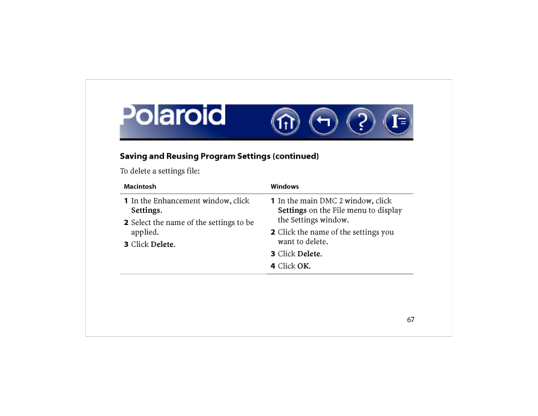 Polaroid DCM 2 Online manual To delete a settings file 