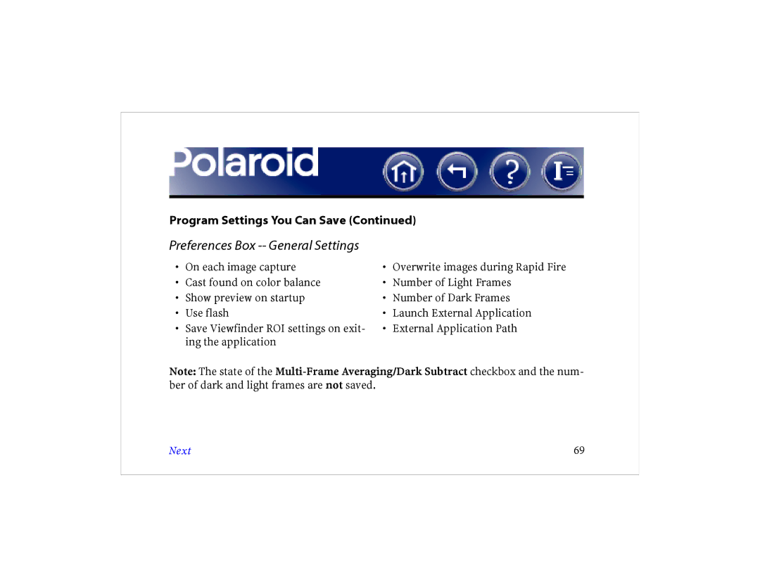 Polaroid DCM 2 Online manual Preferences Box -- General Settings 