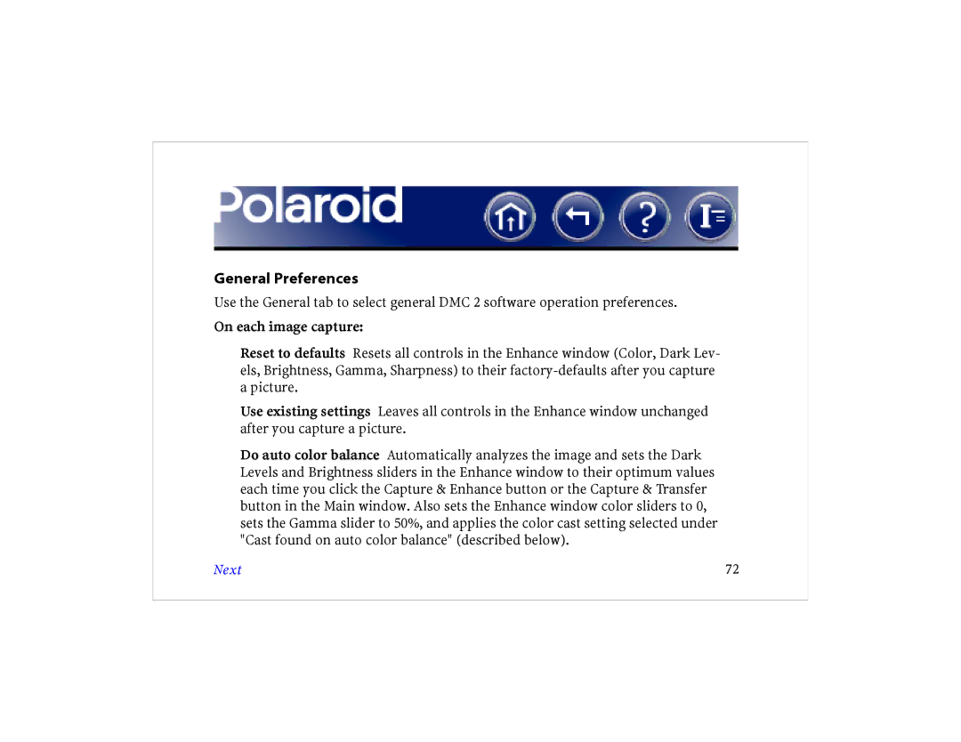 Polaroid DCM 2 Online manual General Preferences, Next 