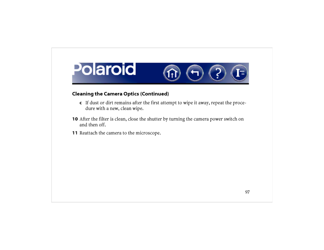 Polaroid DCM 2 Online manual Cleaning the Camera Optics 