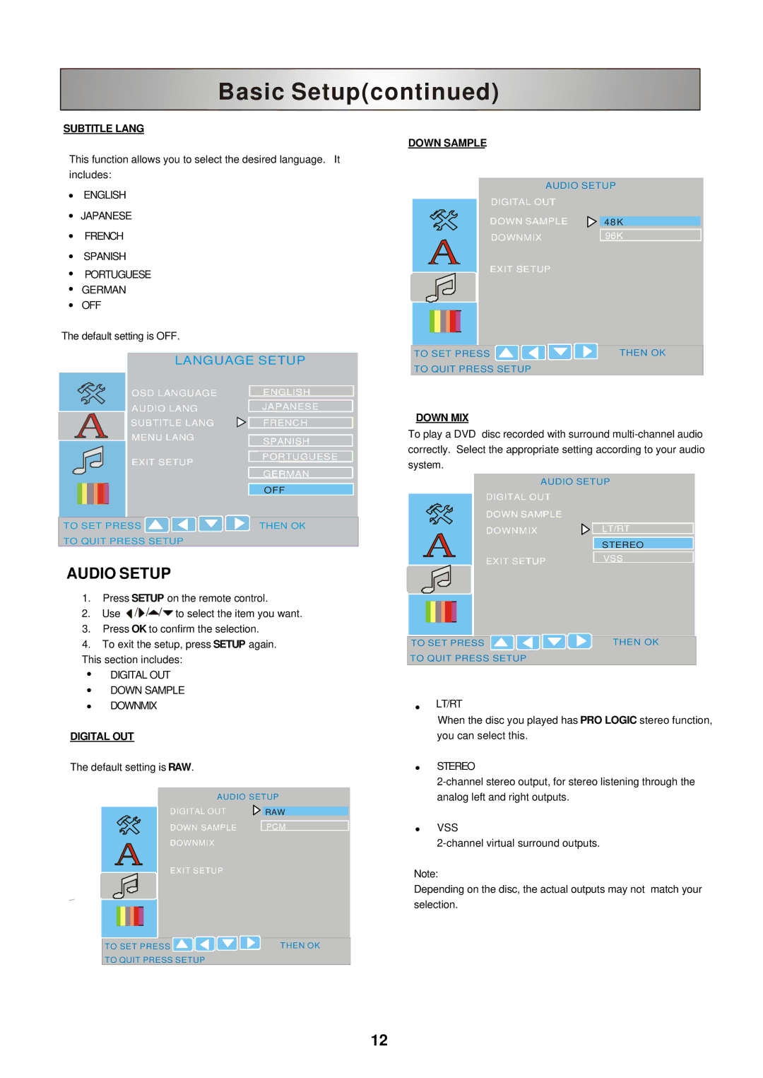 Polaroid DHX-202 manual Audio Setup, Subtitle Lang, Default setting is OFF, Digital OUT Down Sample, Down MIX 