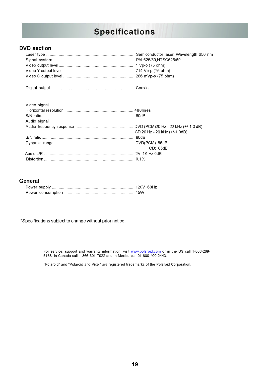 Polaroid DHX-202 manual Specifications, DVD section, General, Semiconductor laser, Wavelength 650 nm 