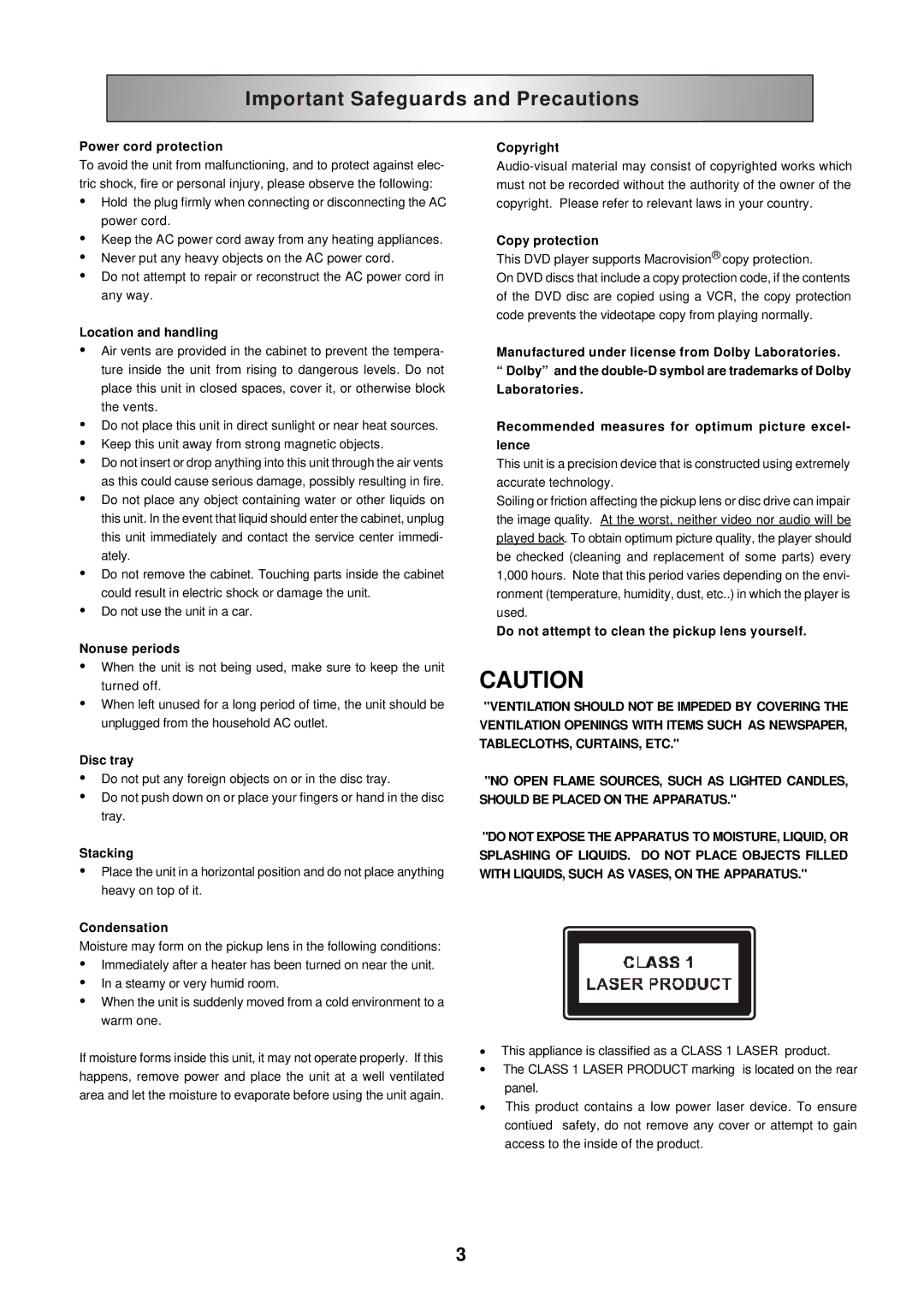 Polaroid DHX-202 manual Power cord protection, Location and handling Copyright, Copy protection, Nonuse periods, Disc tray 