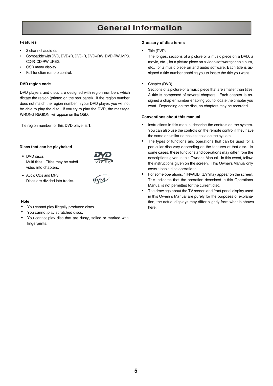 Polaroid DHX-202 manual Features, DVD region code, Discs that can be playbcked, Glossary of disc terms 