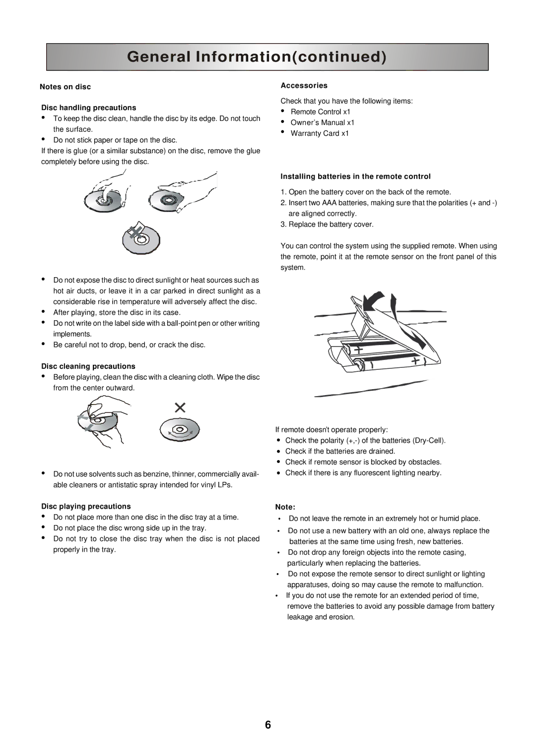 Polaroid DHX-202 manual Disc handling precautions, Disc cleaning precautions, Disc playing precautions, Accessories 