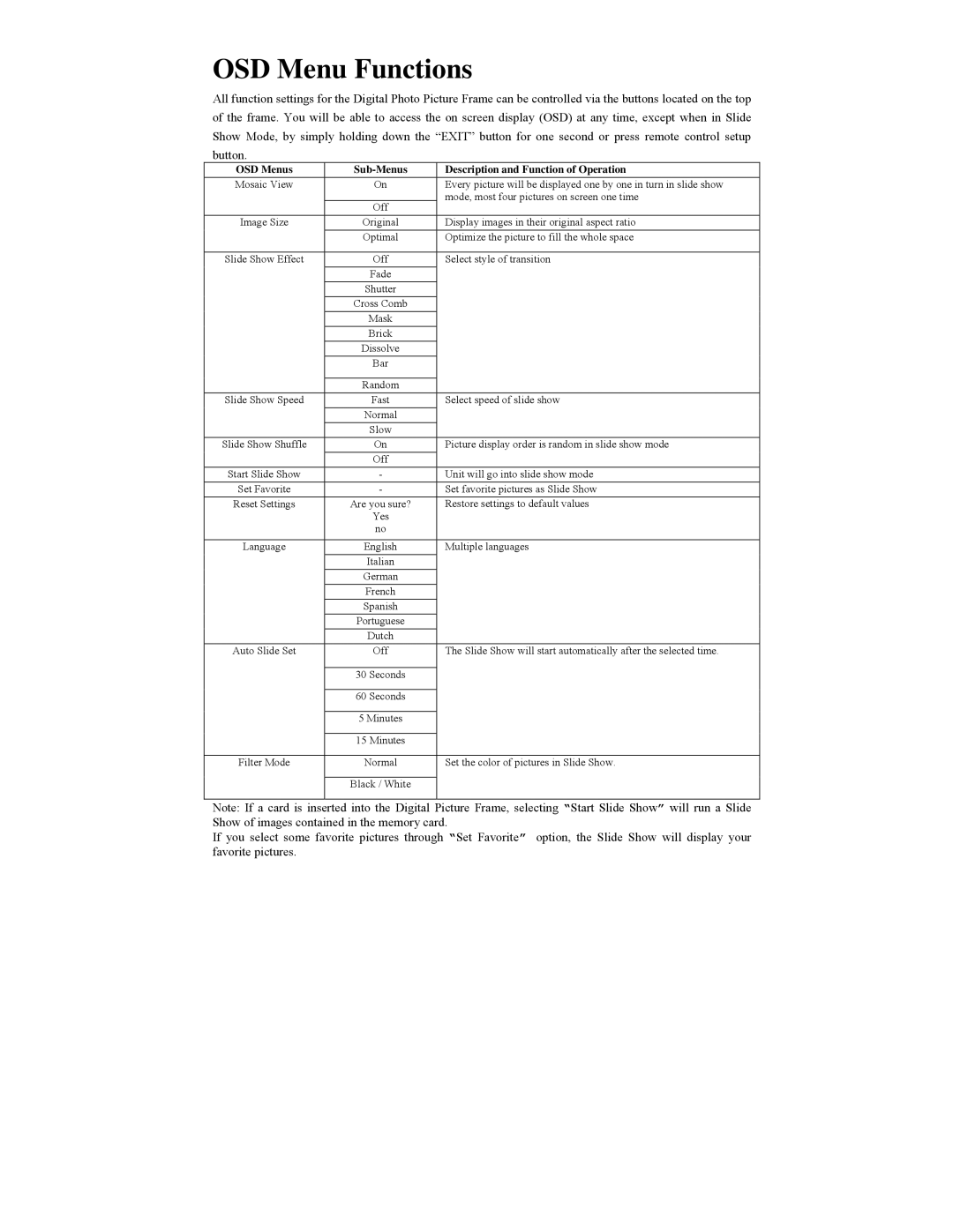 Polaroid Digital Photo Picture Frame OSD Menu Functions, OSD Menus Sub-Menus Description and Function of Operation 