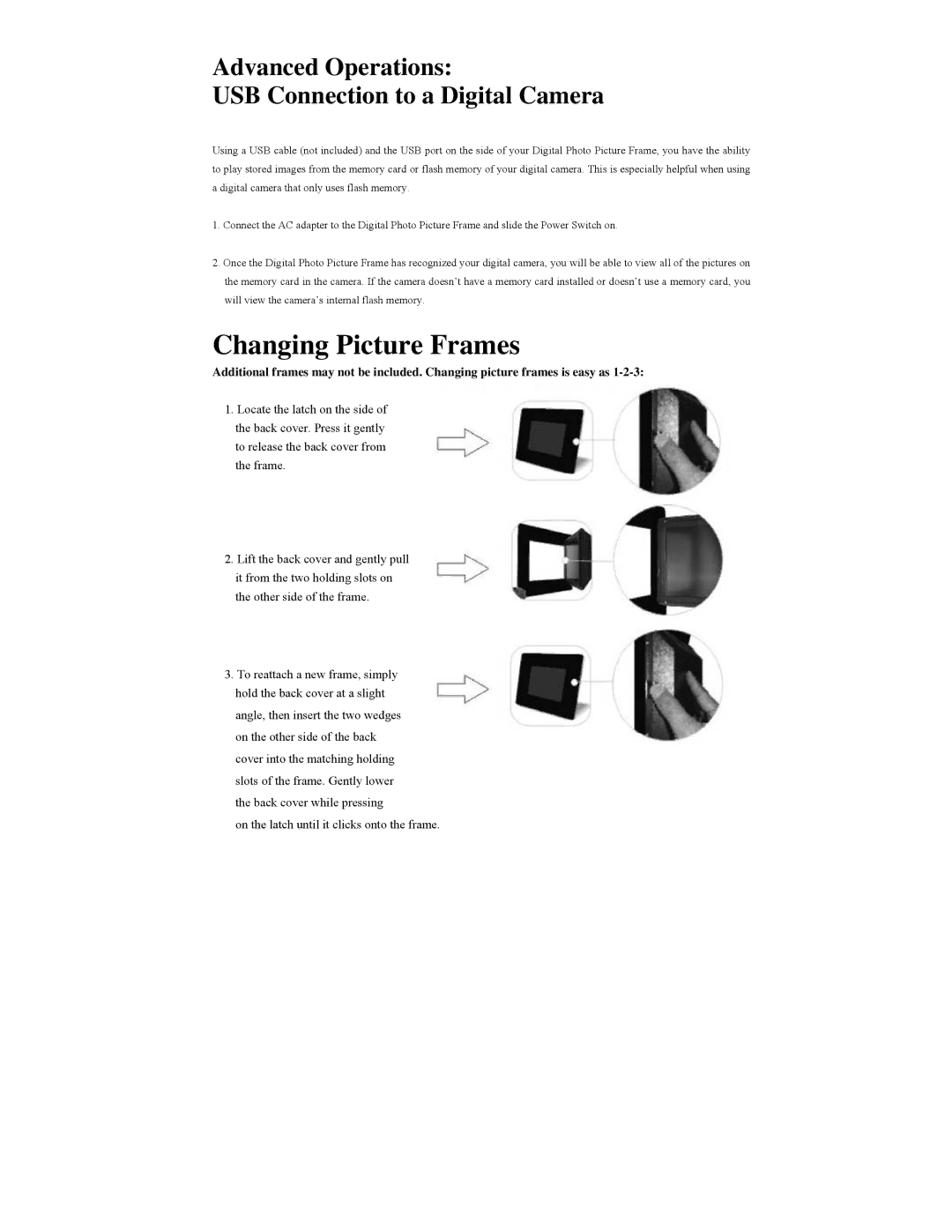 Polaroid Digital Photo Picture Frame Changing Picture Frames, Advanced Operations USB Connection to a Digital Camera 