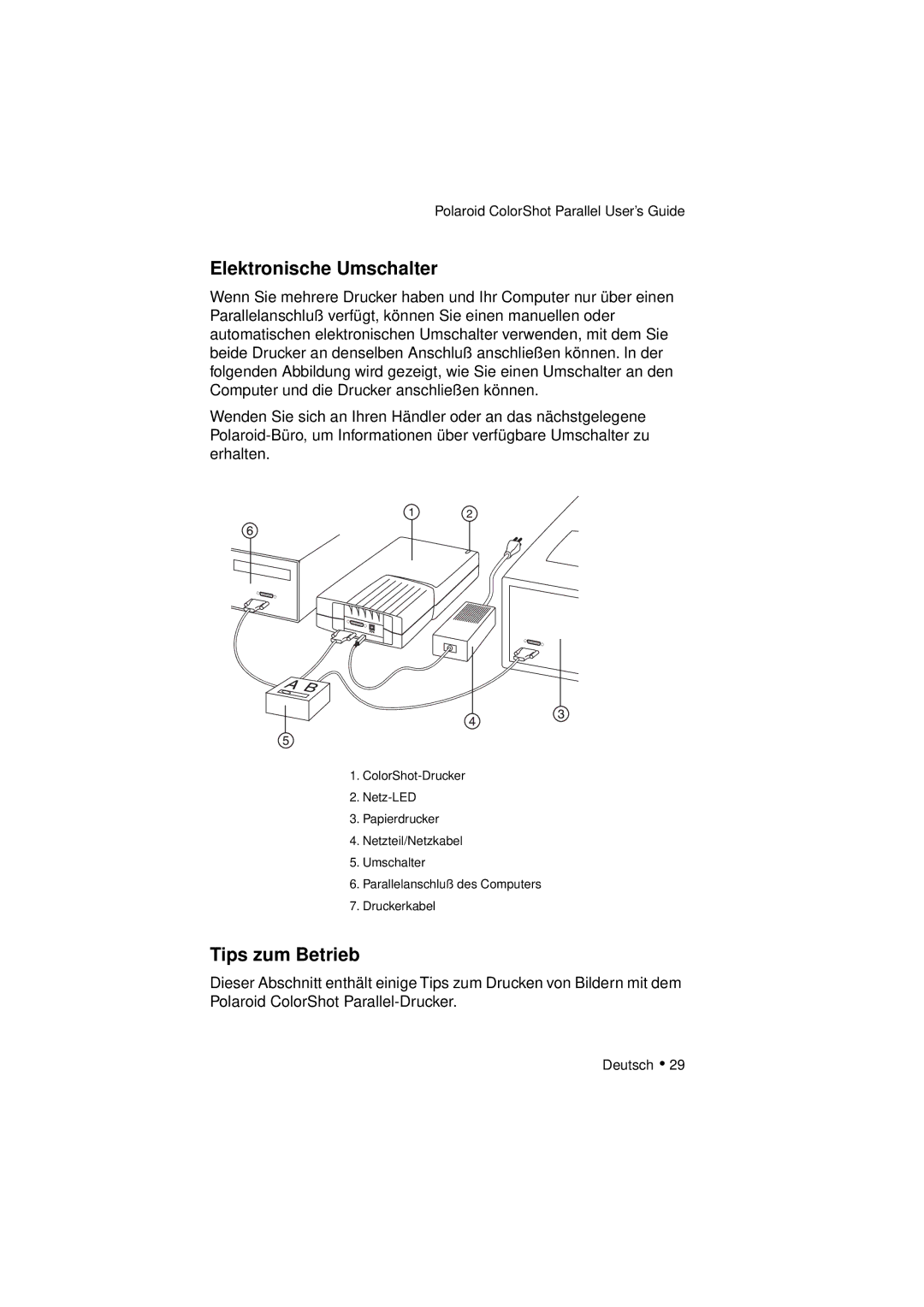 Polaroid DIGITAL PHOTO PRINTER manual Elektronische Umschalter, Tips zum Betrieb 