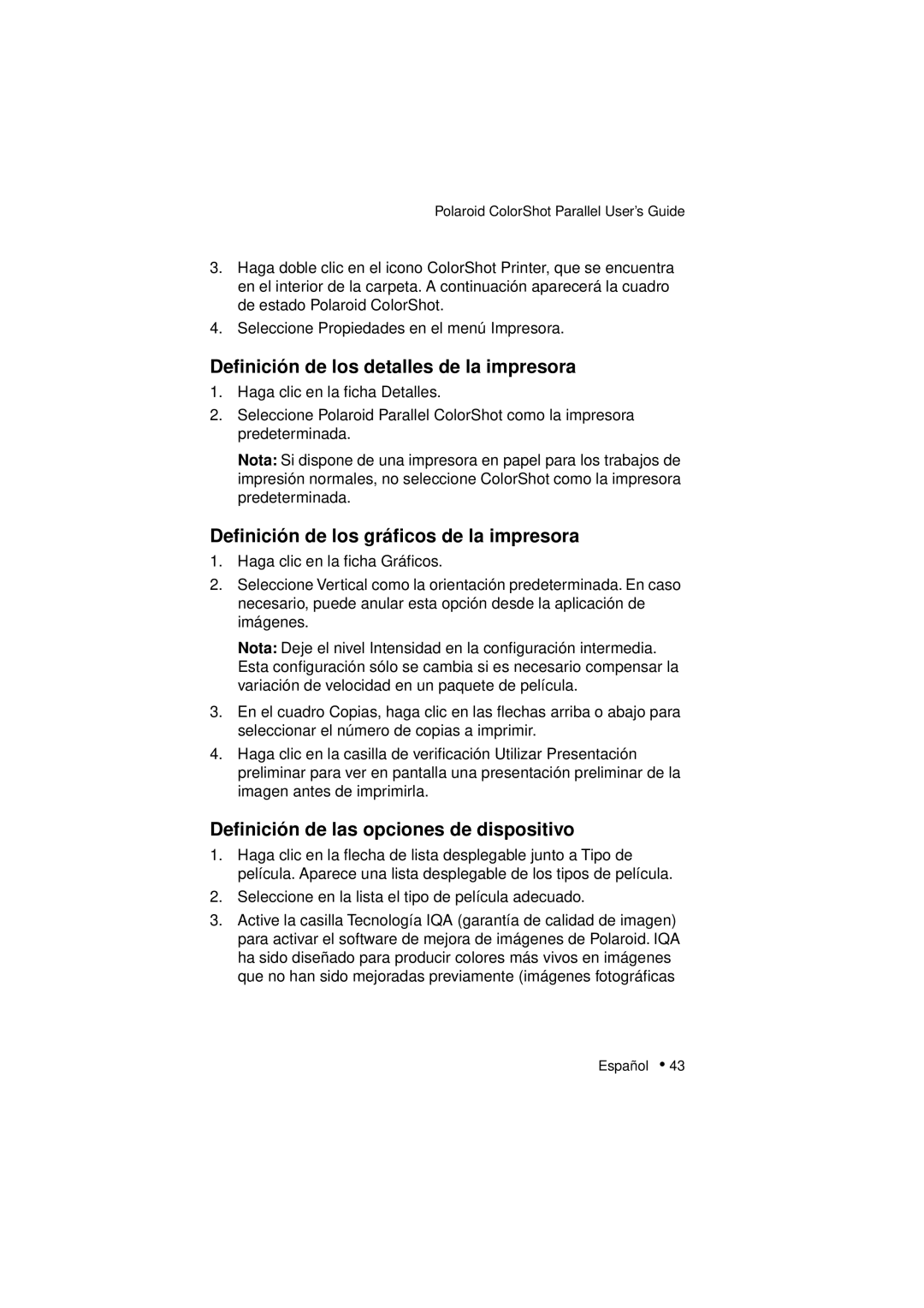 Polaroid DIGITAL PHOTO PRINTER manual Deﬁnición de los detalles de la impresora, Deﬁnición de los gráﬁcos de la impresora 