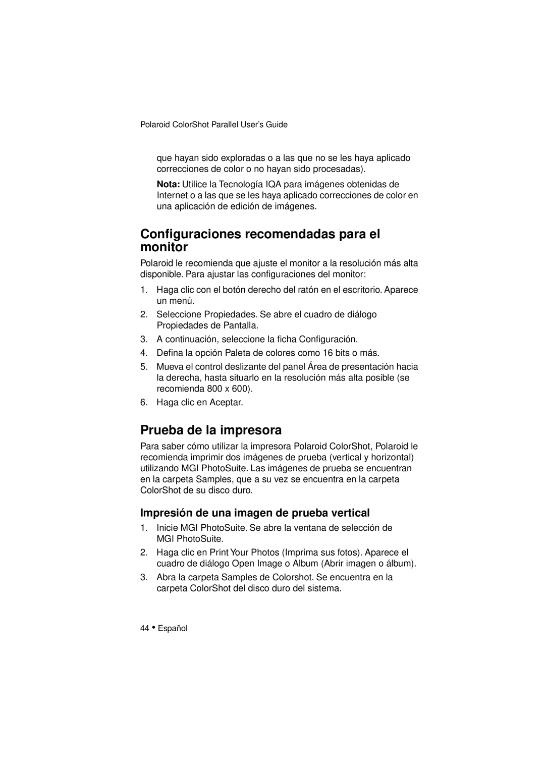 Polaroid DIGITAL PHOTO PRINTER manual Conﬁguraciones recomendadas para el monitor, Prueba de la impresora 