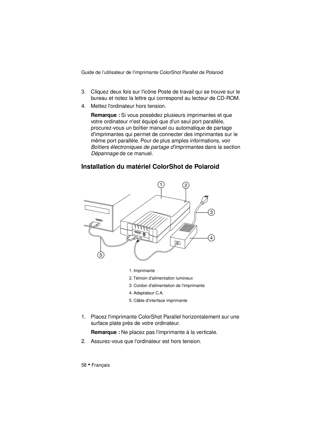 Polaroid DIGITAL PHOTO PRINTER manual Installation du matériel ColorShot de Polaroid 